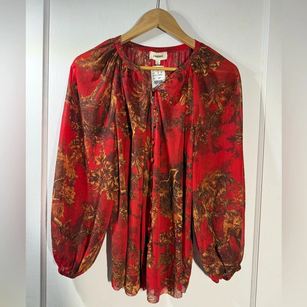 L'AGENCE Teagan Red Jungle Toile Crinkle Chiffon Shirt Top Blouse - Picture 2 of 6
